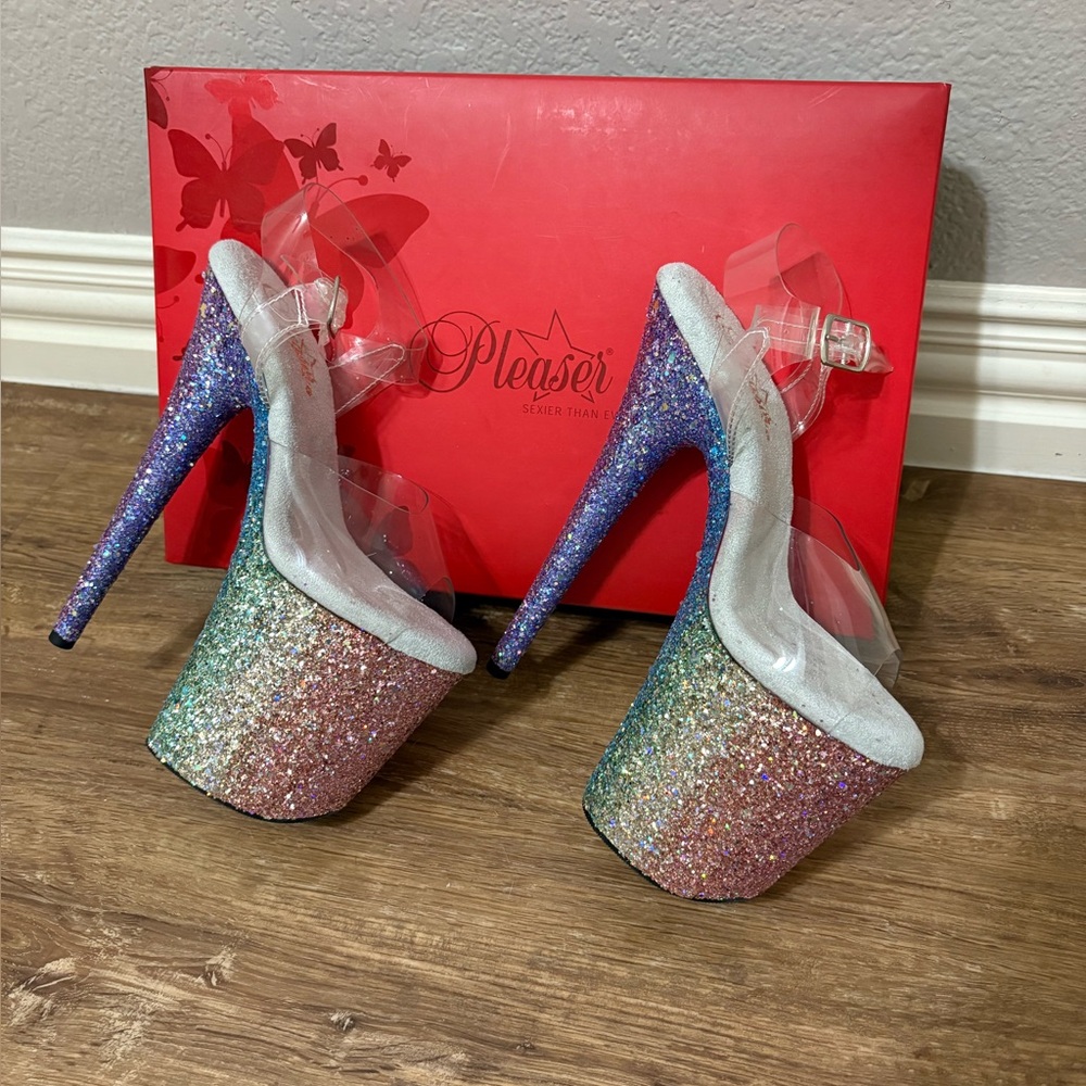 Pleaser Multicolor Glitter Platform Heels with Clear Straps